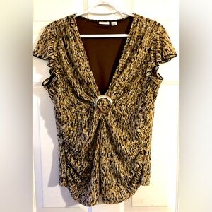 Cato Tan Brown Black Abstract Silver Circle Flutter Sleeve Knit Blouse Sz Large